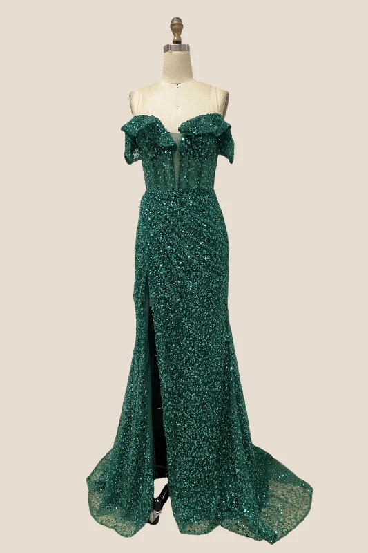 Sexy Grey Maxi Dresses-Off the Shoulder Emerald Sequin Long Dress