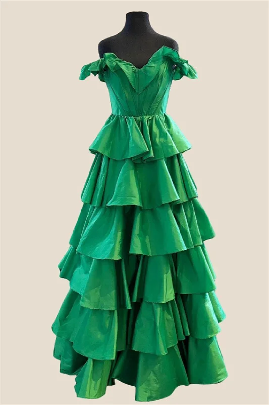 Leather Work Maxi Dresses-Off the Shoulder Emerald Tiered Long Dress with Slit