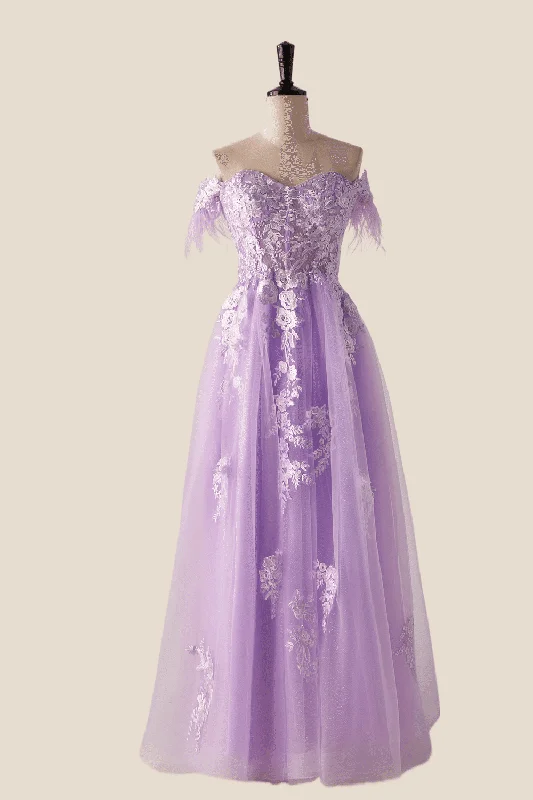 Chiffon Maxi Dresses-Off the Shoulder Lavender Lace Appliques Long Formal Dress