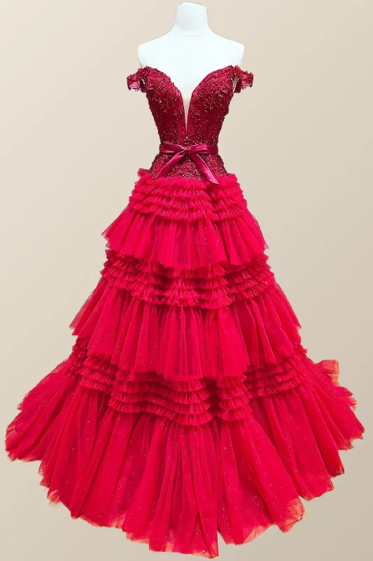 Beach Maxi Dresses-Off the Shoulder Red Appliques Tiered Long Formal Dress