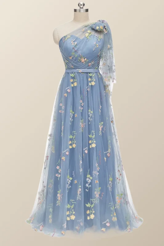 Casual Summer Maxi Dresses-One Shoulder Blue Floral Long Formal Dress