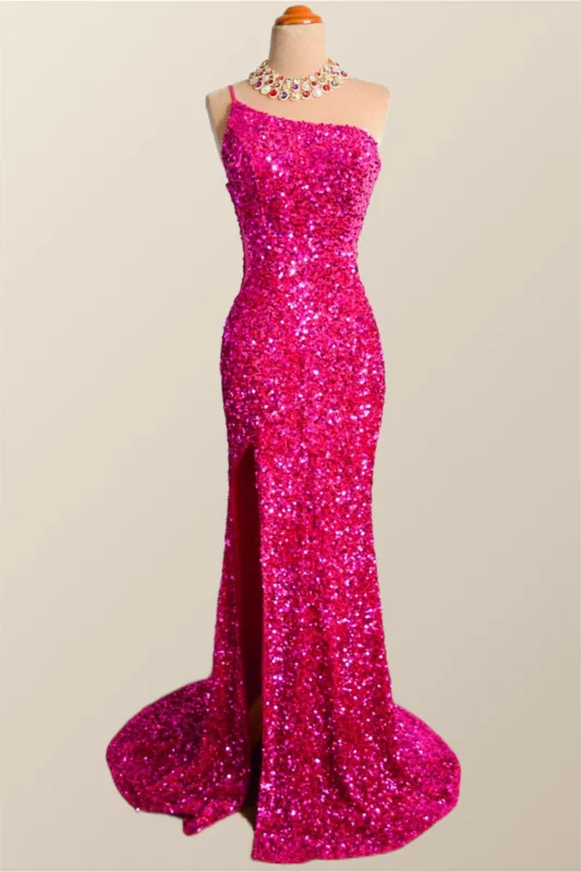 Blue Work Maxi Dresses-One Shoulder Fuchsia Sequin Mermaid Long Party Dress