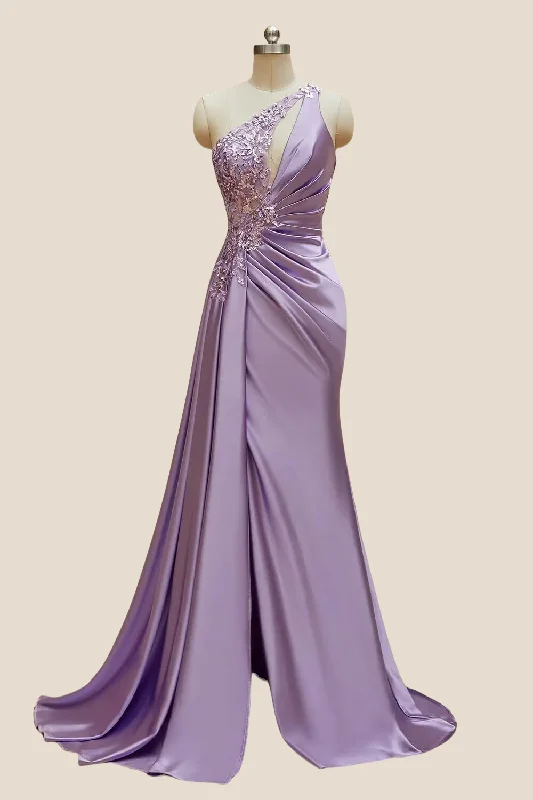 Designer Maxi Dresses-One Shoulder Lilac Sequin Ruched Long Dress