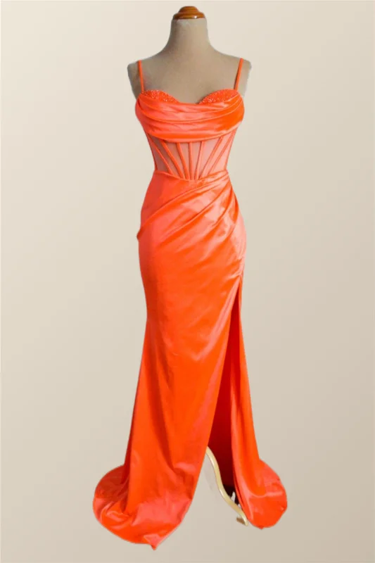 Red Vintage Maxi Dresses-Orange Spaghetti Straps Mermaid Long Formal Dress