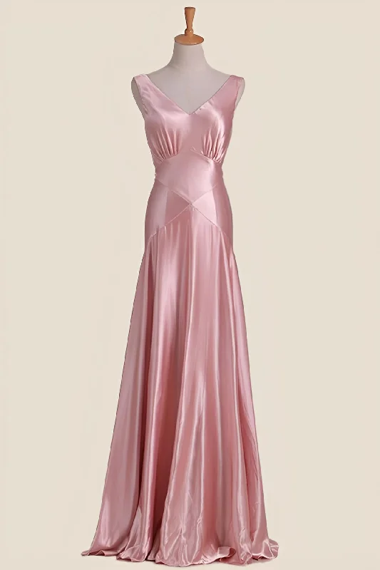 Sleeveless Formal Maxi Dresses-Pink V Neck Sheath Long Party Dress