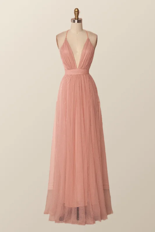 Summer Blue Maxi Dresses-Plunge Pink Tulle A-line Long Formal Dresss