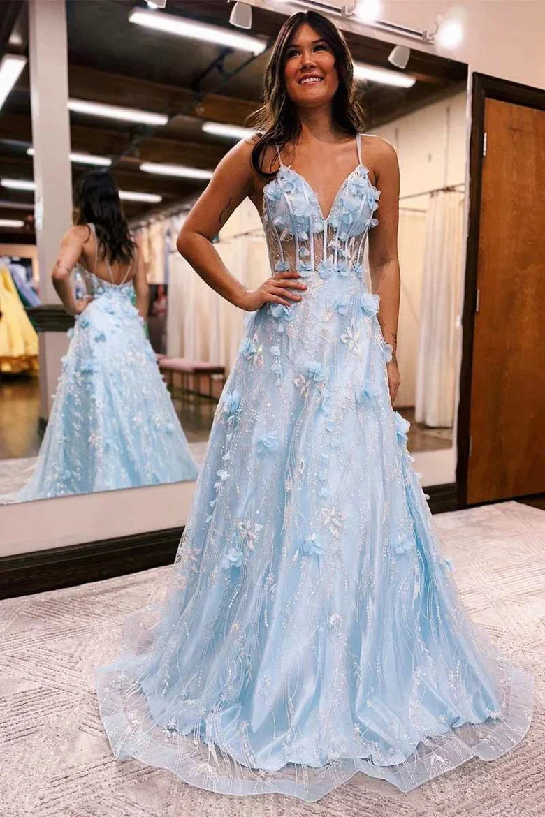 Blue Winter Maxi Dresses-Princess Light Blue 3D Floral Lace V-Neck A-Line Long Prom Dres