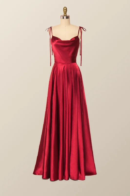 Knit Casual Maxi Dresses-Princess Red A-line Long Dress with Tie Shoulders