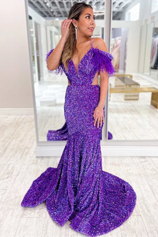 Plus Size Boho Maxi Dresses-Purple Iridescent Sequin Feather Cold-Shoulder Cutout Mermaid Long Dress