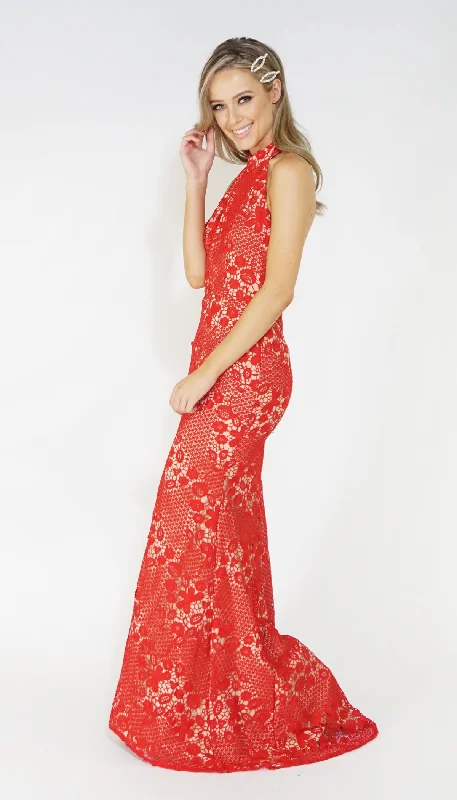 Cheap Maxi Dresses-Red & Nude Halter Neck Lace Long Dress