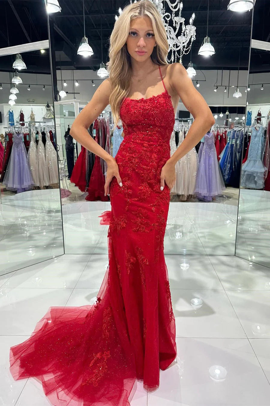 Ruffle Beach Maxi Dresses-Red Tulle Appliques Scoop Neck Lace-Up Mermaid Long Dress