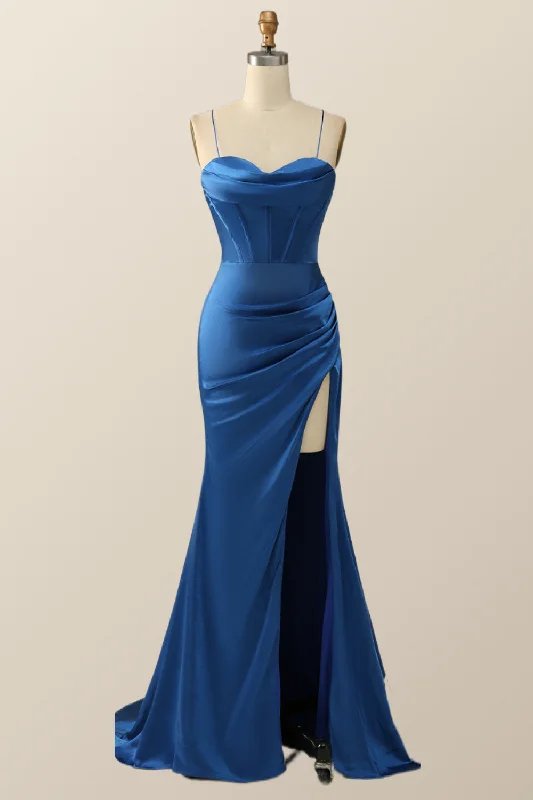 Strapless Maxi Dresses-Royal Blue Mermaid Straps Long Dress with Slit