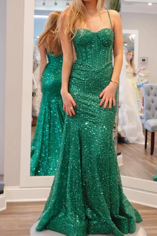 V Neck Formal Maxi Dresses-Green Sequin Mermaid Long Formal Dress