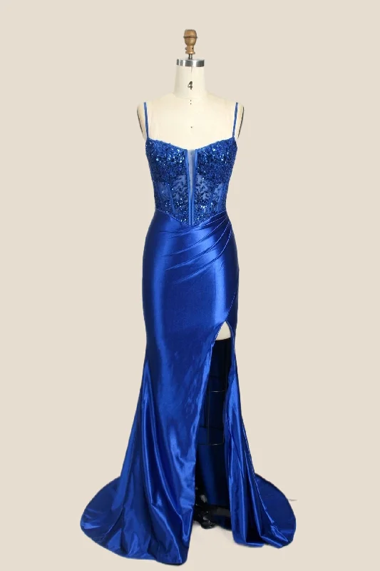 Party Maxi Dresses-Royal Blue Appliques Ruched Mermaid Long Formal Dress