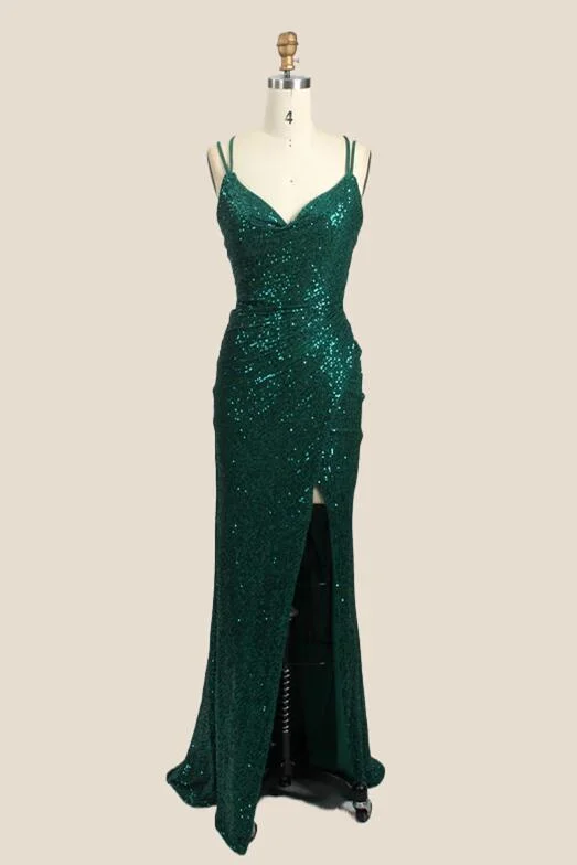 Ruffle Beach Maxi Dresses-Ruched Green Sequin Fitted Long Party Dress