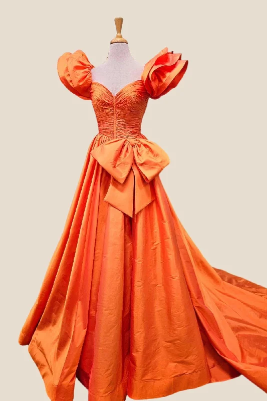 Beach Knit Maxi Dresses-Ruffle Sleeves Orange Bow Long Dress with Slit