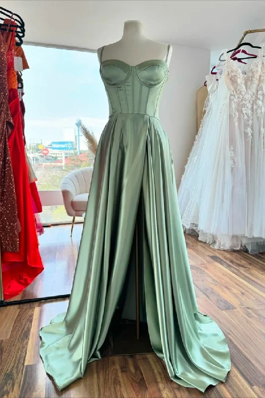 Party Maxi Dresses-Sage Green Corset A-line Satin Long Formal Dress