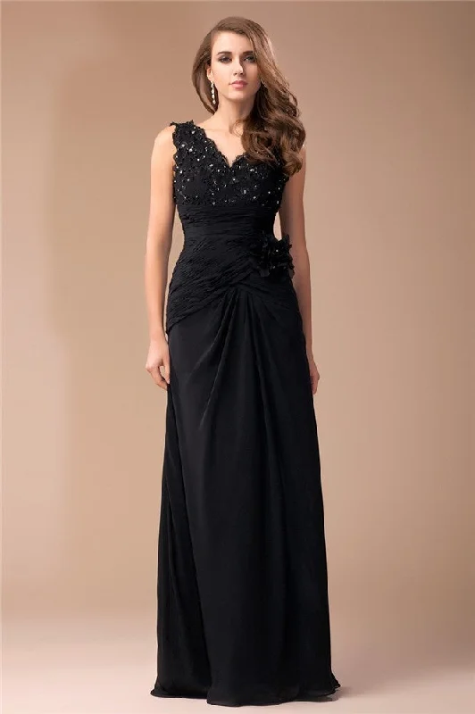 Strapless Beach Maxi Dresses-Sheath/Column V-neck Sleeveless Long Beading Lace Chiffon Dresses