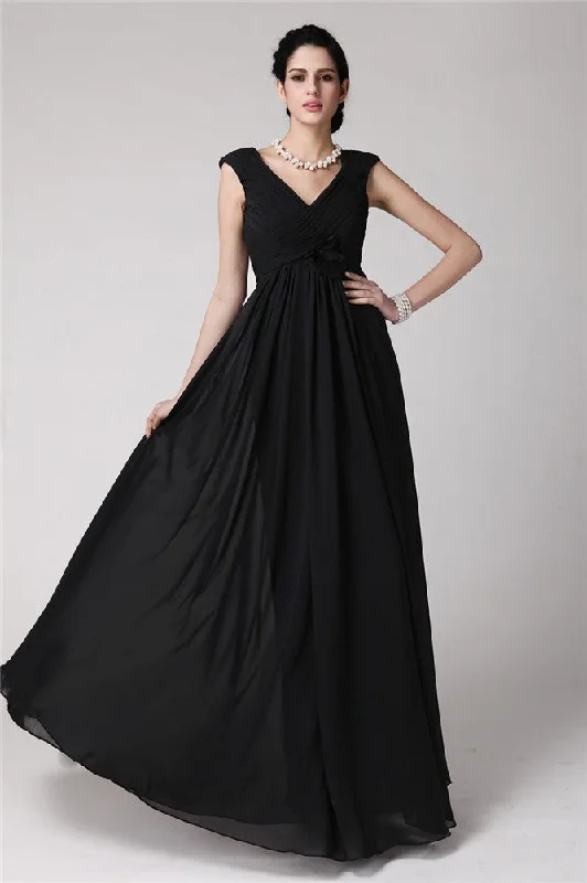 Designer Elegant Maxi Dresses-Sheath/Column V-neck Sleeveless Pleats Long Chiffon Dresses