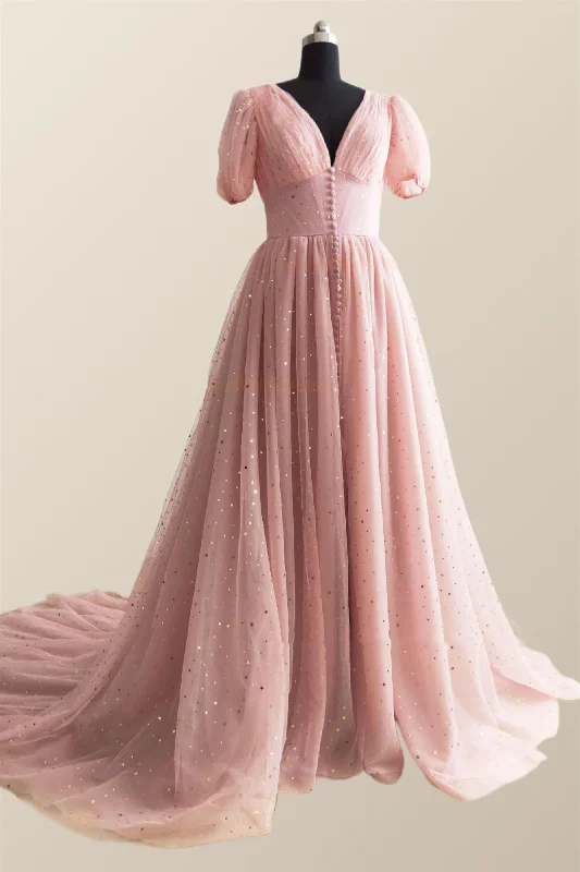 V Neck Maxi Dresses-Short Sleeves Blush Pink Long Party Dress