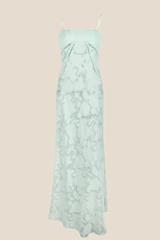 Lace White Maxi Dresses-Spaghetti Straps Green Lace A-line Long Dress