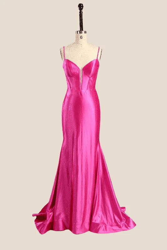 Plus Size Boho Maxi Dresses-Spaghetti Straps Hot Pink Mermaid Long Dress