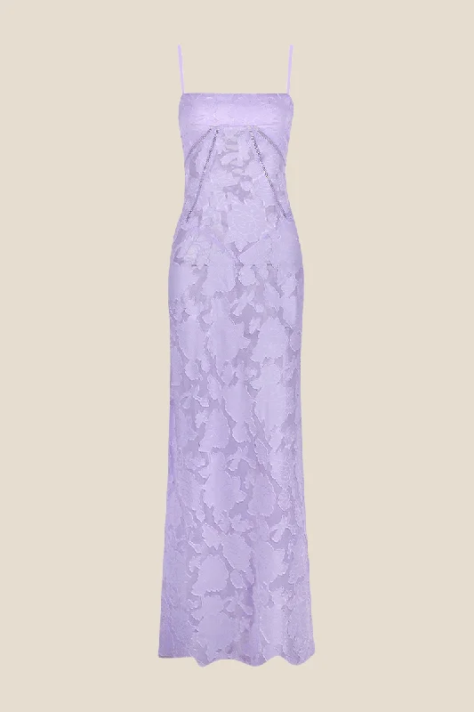 Off Shoulder Club Maxi Dresses-Spaghetti Straps Lavender Lace A-line Long Dress