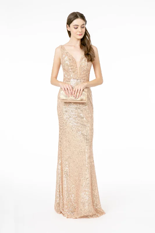 Formal Velvet Maxi Dresses-GL2957 Elizabeth K Deep Illusion V-Neck Sequin Long Dress w/ V-Back -Sales