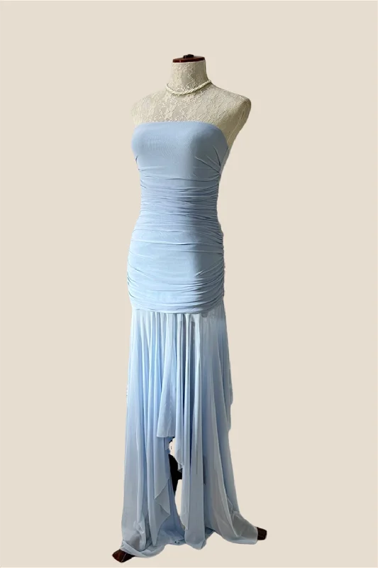 Lace Off Shoulder Maxi Dresses-Strapless Blue Irregular Hem Ruched Long Dress