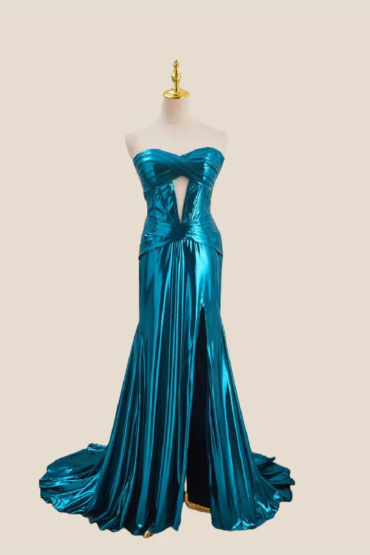 Velvet Winter Maxi Dresses-Strapless Blue Metallic Long Dress with Keyhole