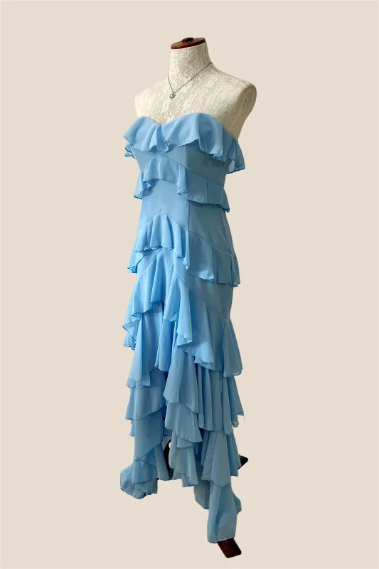 Leather Backless Maxi Dresses-Strapless Blue Ruffle Tiered Long Chiffon Dress