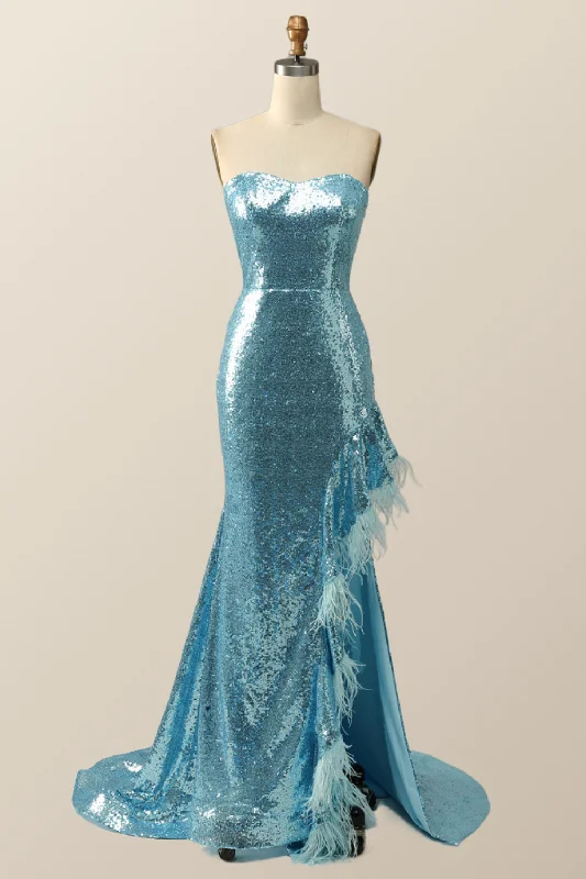 Elegant Party Maxi Dresses-Strapless Blue Sequin Mermaid Long Formal Dress