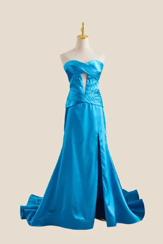 Sequin Maxi Dresses-Strapless Blue Twist A-line Satin Long Dress