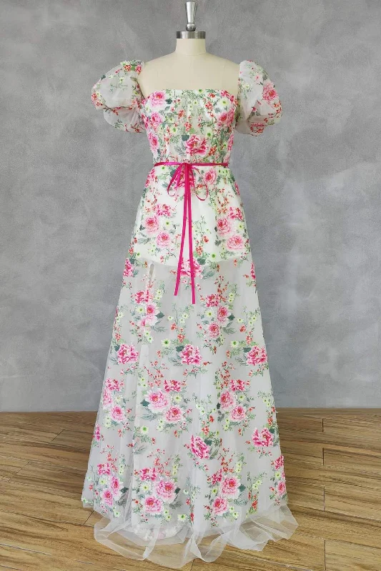 Denim Maxi Dresses-Strapless Floral Embroidery Long Dress with Short Sleeves