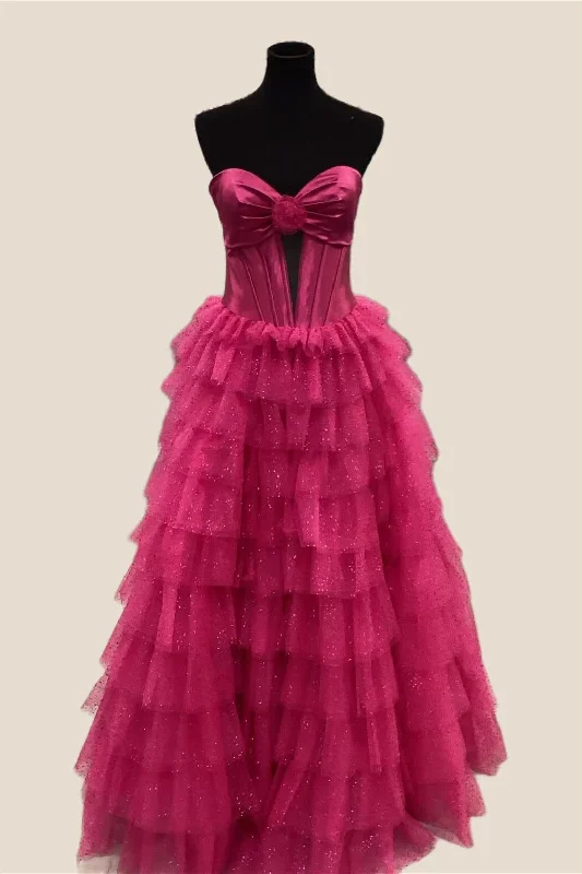 Chiffon Vintage Maxi Dresses-Strapless Fuchsia Tiered Tulle Long Dress with Slit