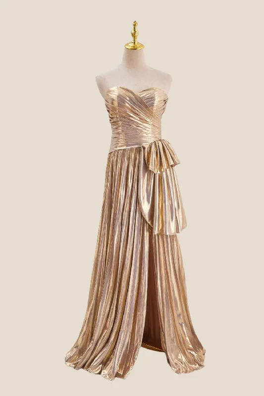 Ruffle Boho Maxi Dresses-Strapless Gold Pleated Metallic Long Dress