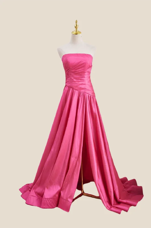 Blue Cotton Maxi Dresses-Strapless Hot Pink Ruched Long Dress with Slit