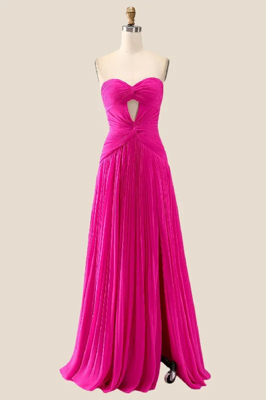 Yellow Vintage Maxi Dresses-Strapless Hot Pink Ruched Long Dress with Slit