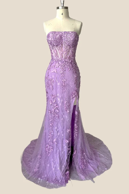 Chiffon Work Maxi Dresses-Strapless Lavender Lace Mermaid Long Party Dress