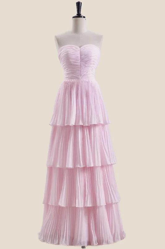 Designer Club Maxi Dresses-Strapless Pink Pleated Tiered Long Party Dress