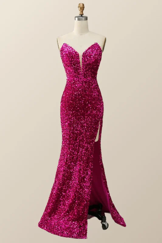 Sleeveless Club Maxi Dresses-Strapless Fuchsia Sequin Mermaid Long Formal Dress