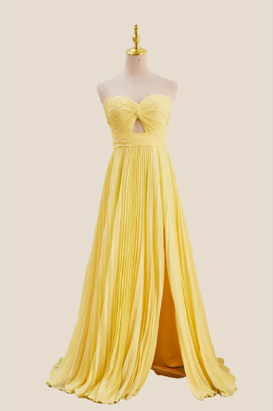 Sequin Party Maxi Dresses-Strapless Yellow Pleated Chiffon Long Dress