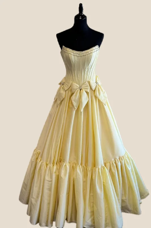 Sexy Party Maxi Dresses-Strapless Yellow Ruffle A-line Long Dress with Bow