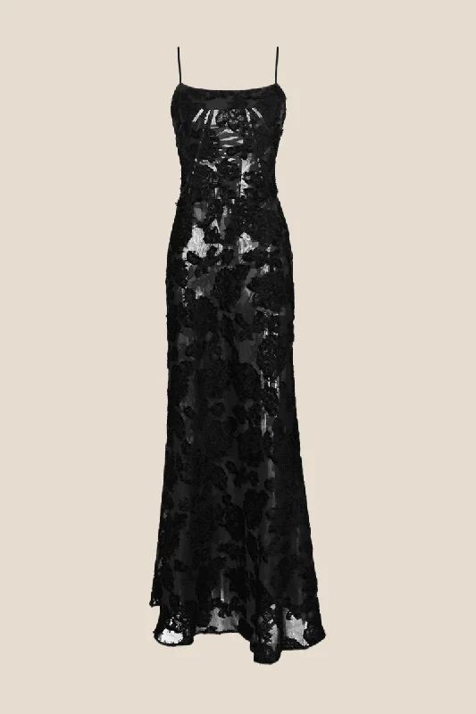 Trendy Boho Maxi Dresses-Straps Black Sheer Bodice Lace Mermaid Long Dress