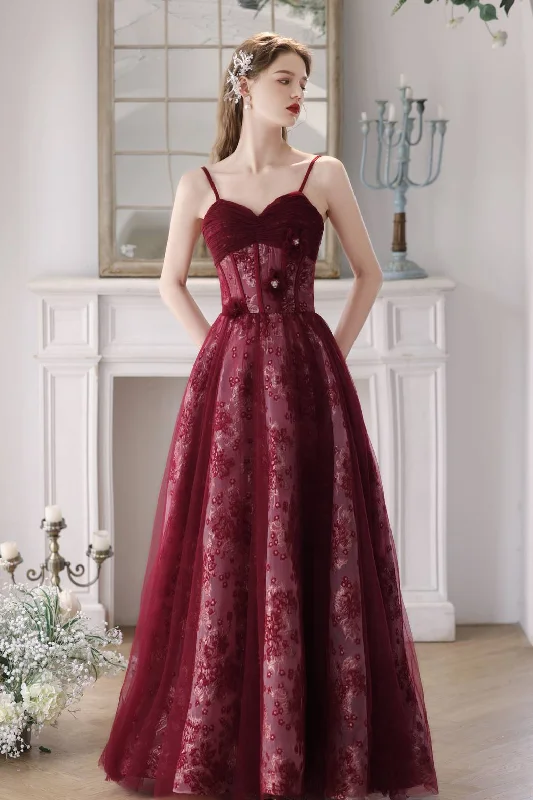 Sequin Maxi Dresses-Straps Burgundy Floral A-line Long Formal Dress