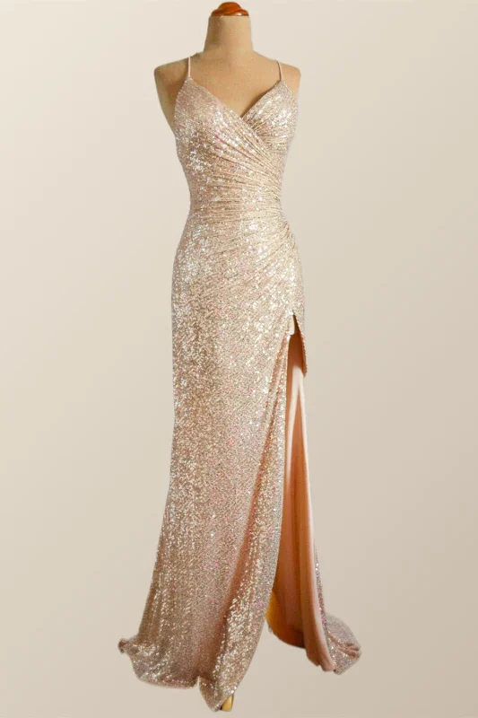 Leather Maxi Dresses-Straps Champagne Sequin Mermaid Long Dress with Slit