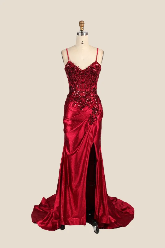 Lace Winter Maxi Dresses-Straps Deep Red Appliques Long Dress with Slit