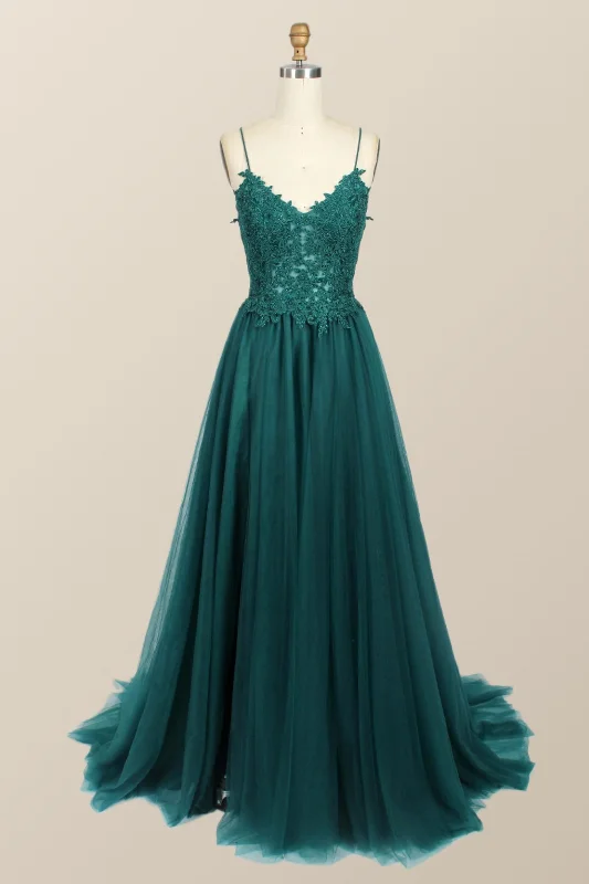 Gold Maxi Dresses-Straps Green Appliques Tulle Long Formal Dress