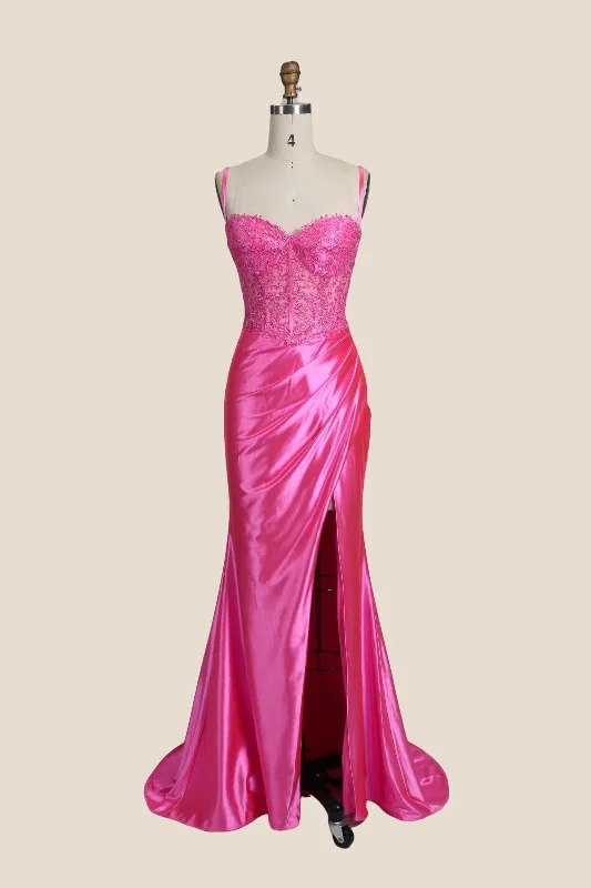 Formal Velvet Maxi Dresses-Straps Pink Appliques Ruched Long Dress with Slit