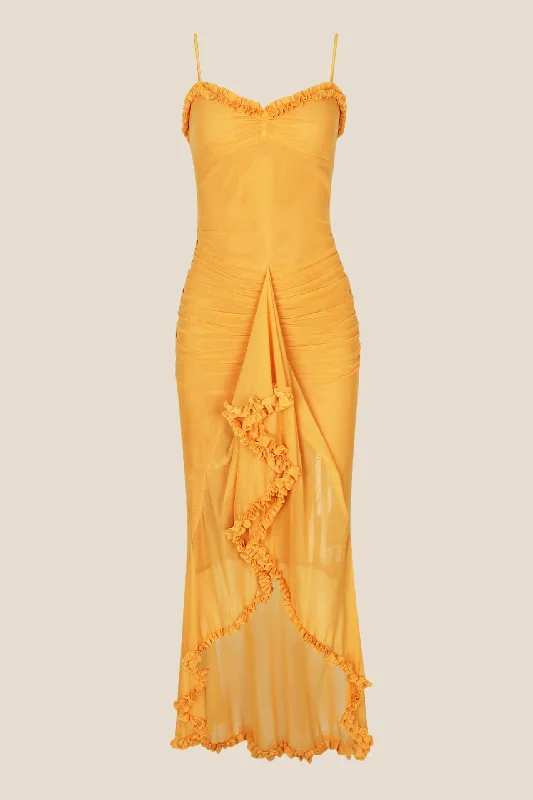 Maternity Summer Maxi Dresses-Straps Yellow Ruffled Front Irregular Long Dress